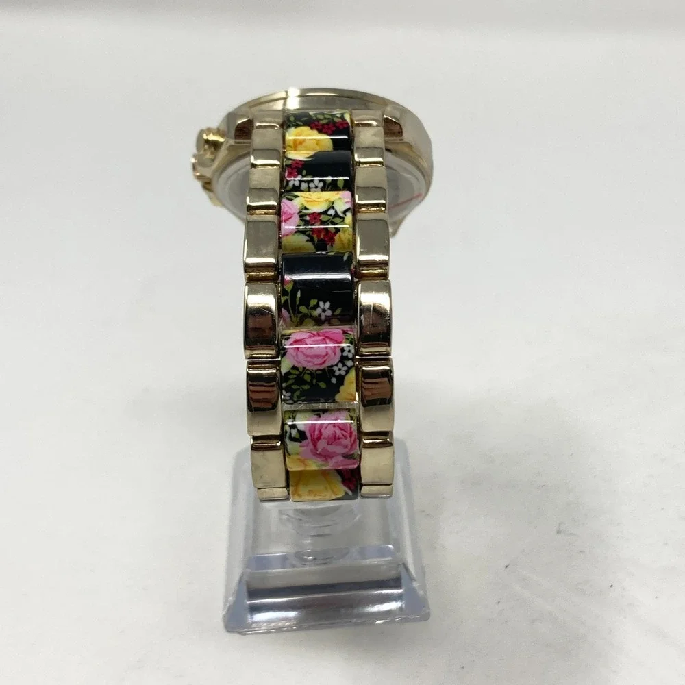 Icing Women's Watch Floral Band Black Pink 37mm Gold Tone New Battery 7.5